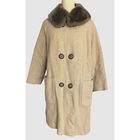 VTG '50s '60s Union Made Jane Hunter Beige Brown Swing Coat Plush Lined Fur L/XL - Picture 1 of 13